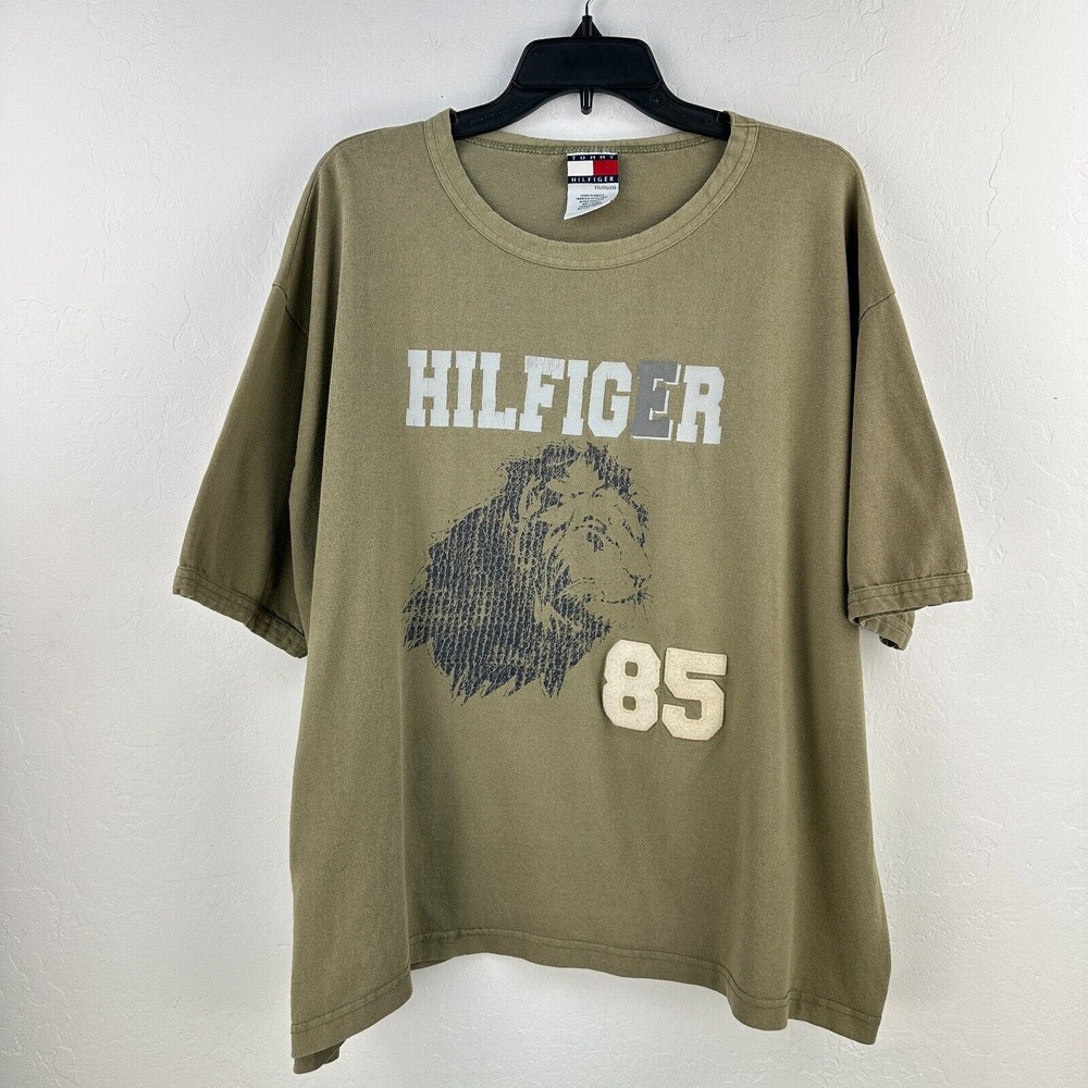 Vintage Tommy Hilfiger 85 Cropped Tshirt Mens XXL Green Gray Cotton Lion Tee Y2K